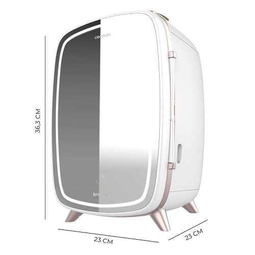 Cecotec Nevera de cosméticos Bamba CoolingBeauty 6000 Mirror, 6 L de Capacidad, Puerta con Espejo Exterior, Luz LED con 3 Intensidades, Enfriamiento hasta 10ºC