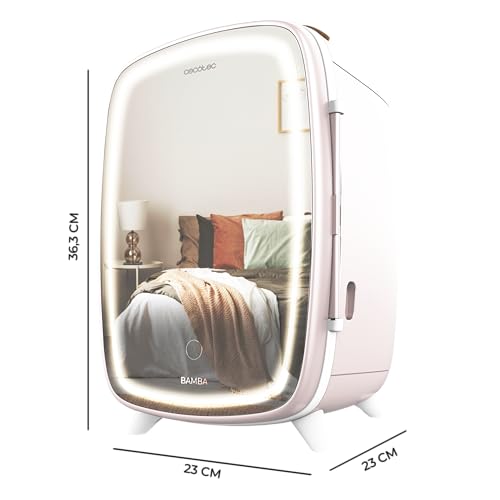 Cecotec Nevera de cosméticos Bamba CoolingBeauty 6000 Mirror, 6 L de Capacidad, Puerta con Espejo Exterior, Luz LED con 3 Intensidades, Enfriamiento hasta 10ºC