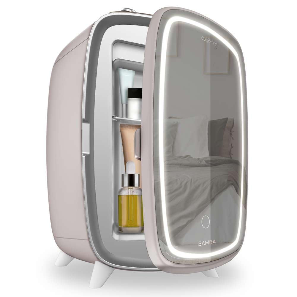 Cecotec Nevera de cosméticos Bamba CoolingBeauty 6000 Mirror, 6 L de Capacidad, Puerta con Espejo Exterior, Luz LED con 3 Intensidades, Enfriamiento hasta 10ºC