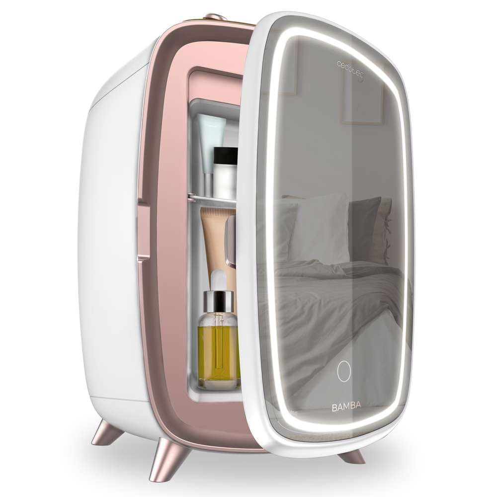 Cecotec Nevera de cosméticos Bamba CoolingBeauty 6000 Mirror, 6 L de Capacidad, Puerta con Espejo Exterior, Luz LED con 3 Intensidades, Enfriamiento hasta 10ºC