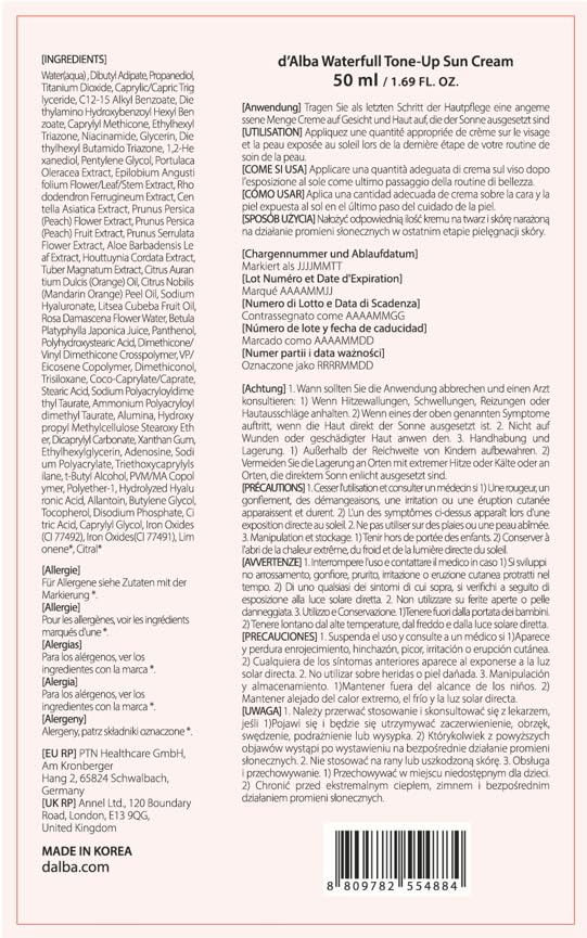 d'alba Loção solar tonificante Waterfull SPF50+PA++++++ de trufa branca italiana, creme solar tingido com filtros UV veganos, loção solar brilhante e iluminadora, Skincare coreano