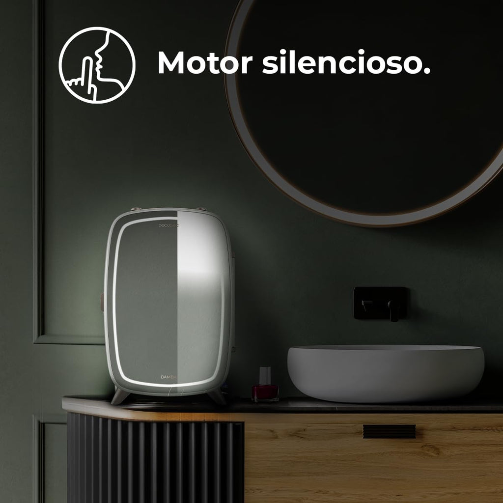 Cecotec Nevera de cosméticos Bamba CoolingBeauty 6000 Mirror, 6 L de Capacidad, Puerta con Espejo Exterior, Luz LED con 3 Intensidades, Enfriamiento hasta 10ºC