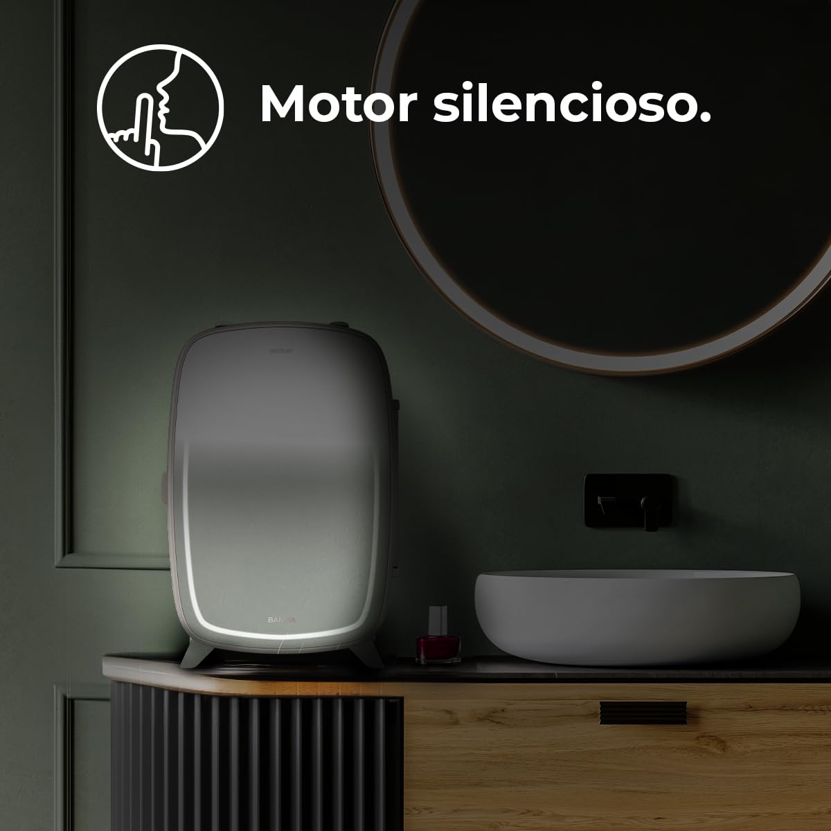 Cecotec Nevera de cosméticos Bamba CoolingBeauty 6000 Mirror, 6 L de Capacidad, Puerta con Espejo Exterior, Luz LED con 3 Intensidades, Enfriamiento hasta 10ºC