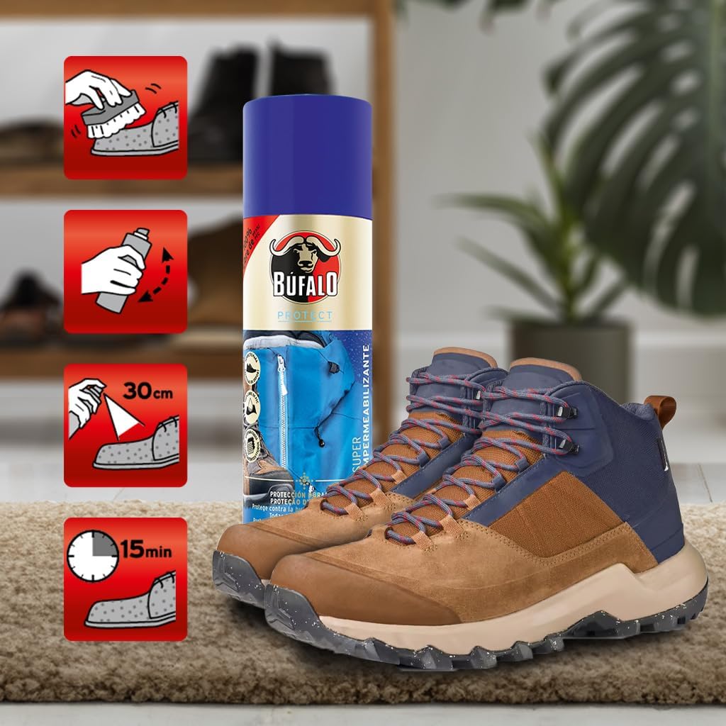 Búfalo - Shoe Waterproofing Spray 250 ml - Transparent Shoe Protector Spray- 100% Water and Dirt Repellent | For Fabric, Leather and Textile Shoes | Suede and Nubuck Protector