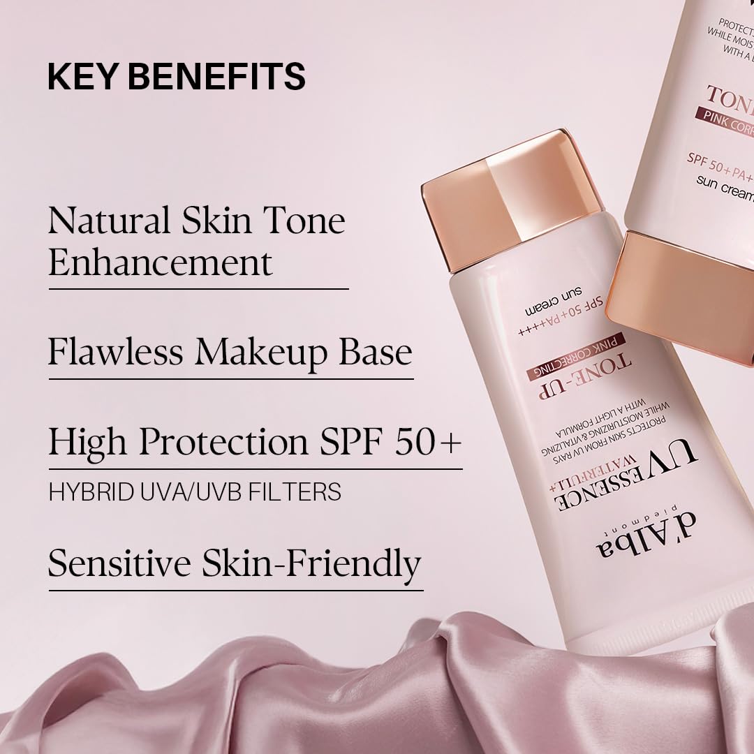 d'alba Loção solar tonificante Waterfull SPF50+PA++++++ de trufa branca italiana, creme solar tingido com filtros UV veganos, loção solar brilhante e iluminadora, Skincare coreano