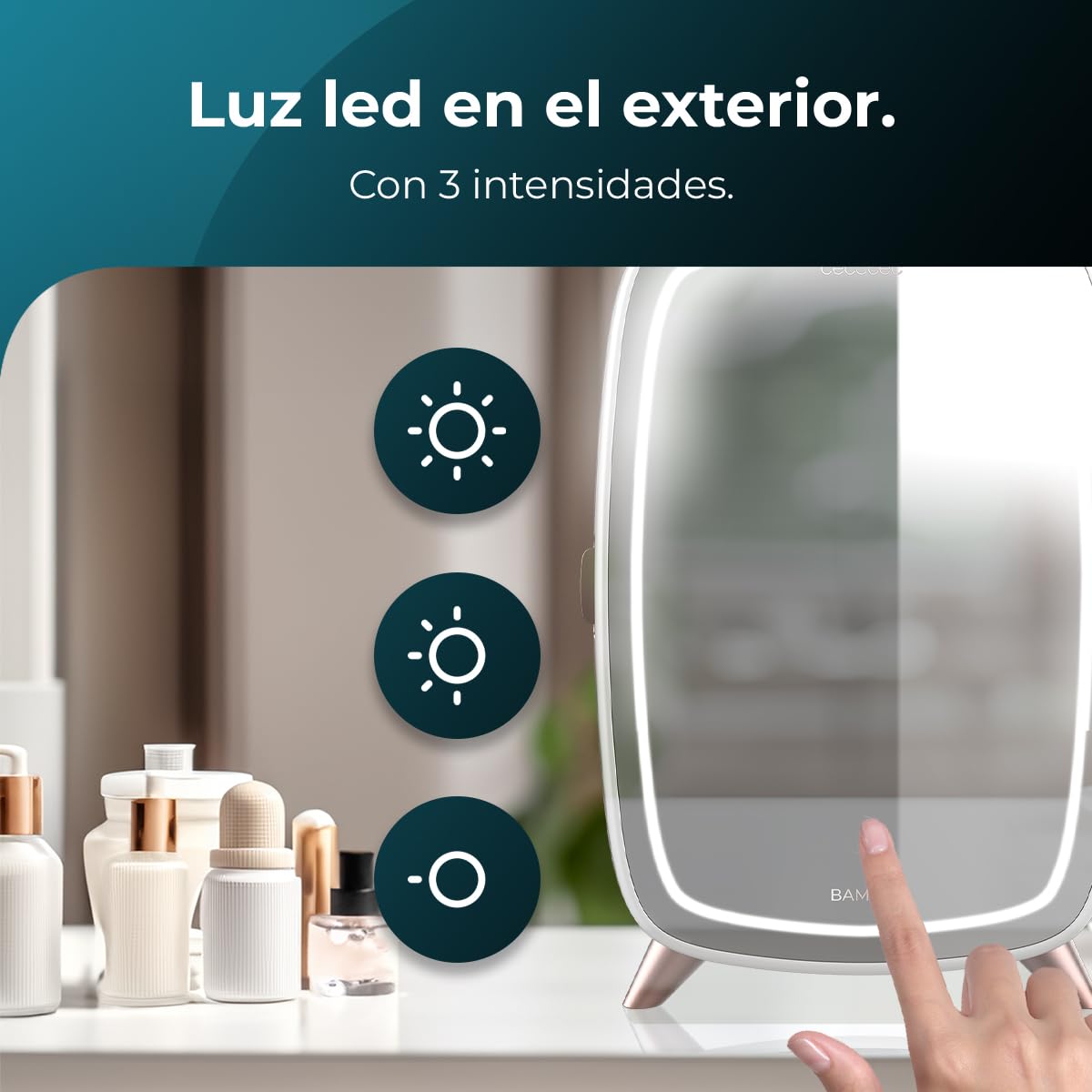 Cecotec Nevera de cosméticos Bamba CoolingBeauty 6000 Mirror, 6 L de Capacidad, Puerta con Espejo Exterior, Luz LED con 3 Intensidades, Enfriamiento hasta 10ºC