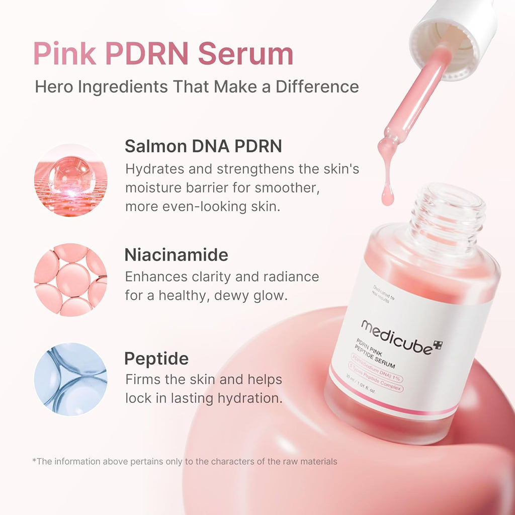medicube Sérum com peptídeo rosa salmão Dna Pdrn, Sérum Pink Glow, Peptídeo, Niacinamida, Hidratante e Reafirmante, 1,01 Fl. Oz. (1,01 ml, salmão dna pdrn)