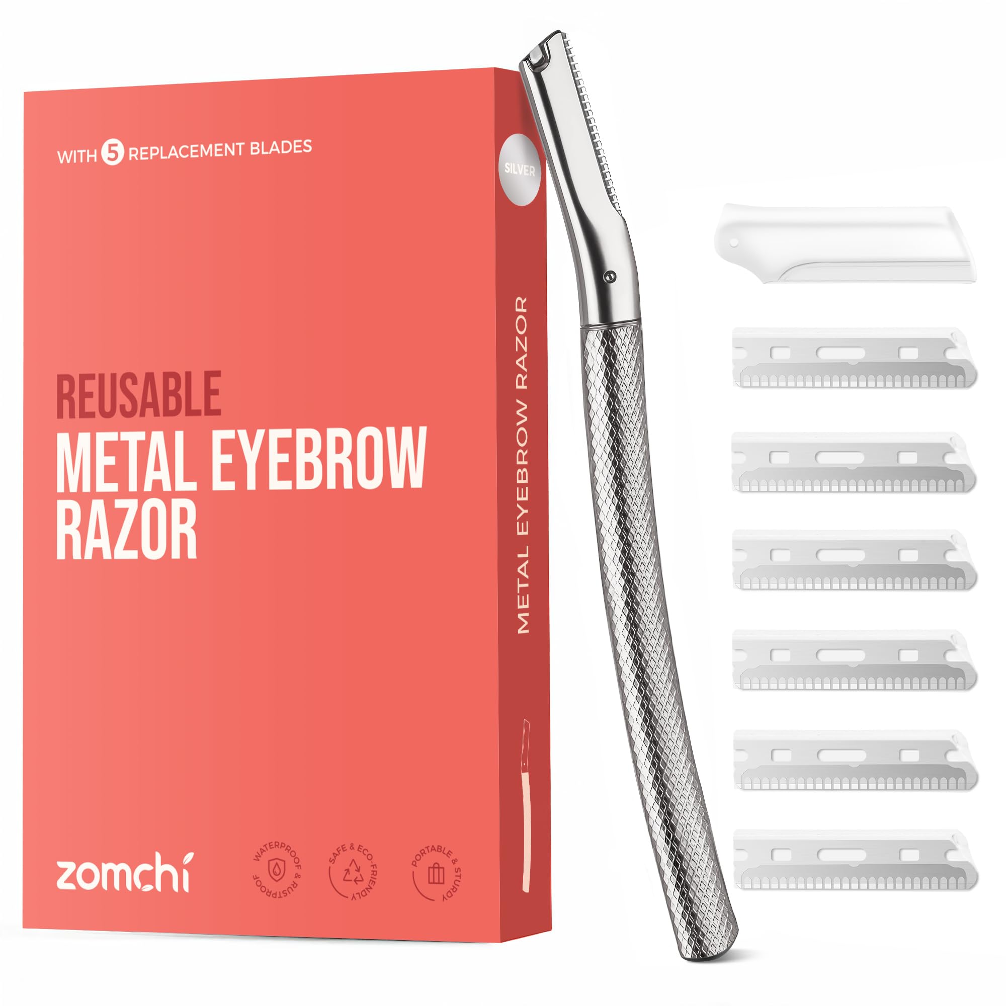 ZOMCHI Women's Facial Blade – Eyebrows and Dermaplaning Facial Tool – with 6 Blades – Silver