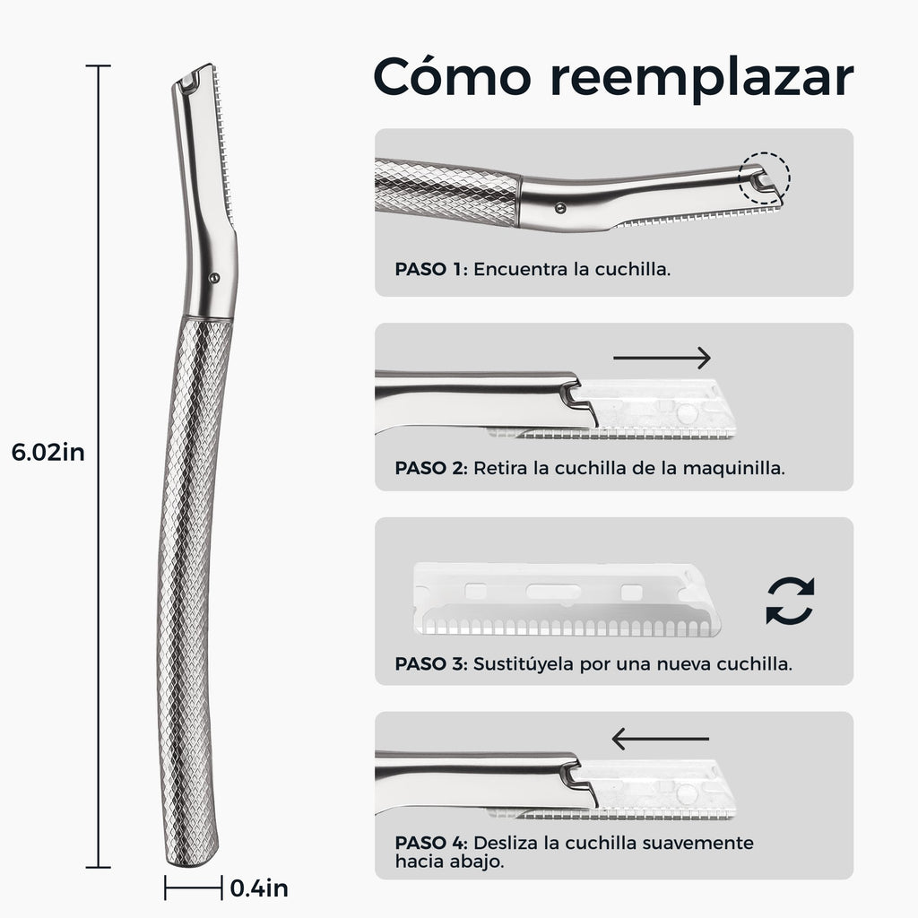 ZOMCHI Women's Facial Blade – Eyebrows and Dermaplaning Facial Tool – with 6 Blades – Silver