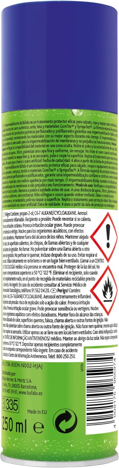 Búfalo - Shoe Waterproofing Spray 250 ml - Transparent Shoe Protector Spray- 100% Water and Dirt Repellent | For Fabric, Leather and Textile Shoes | Suede and Nubuck Protector