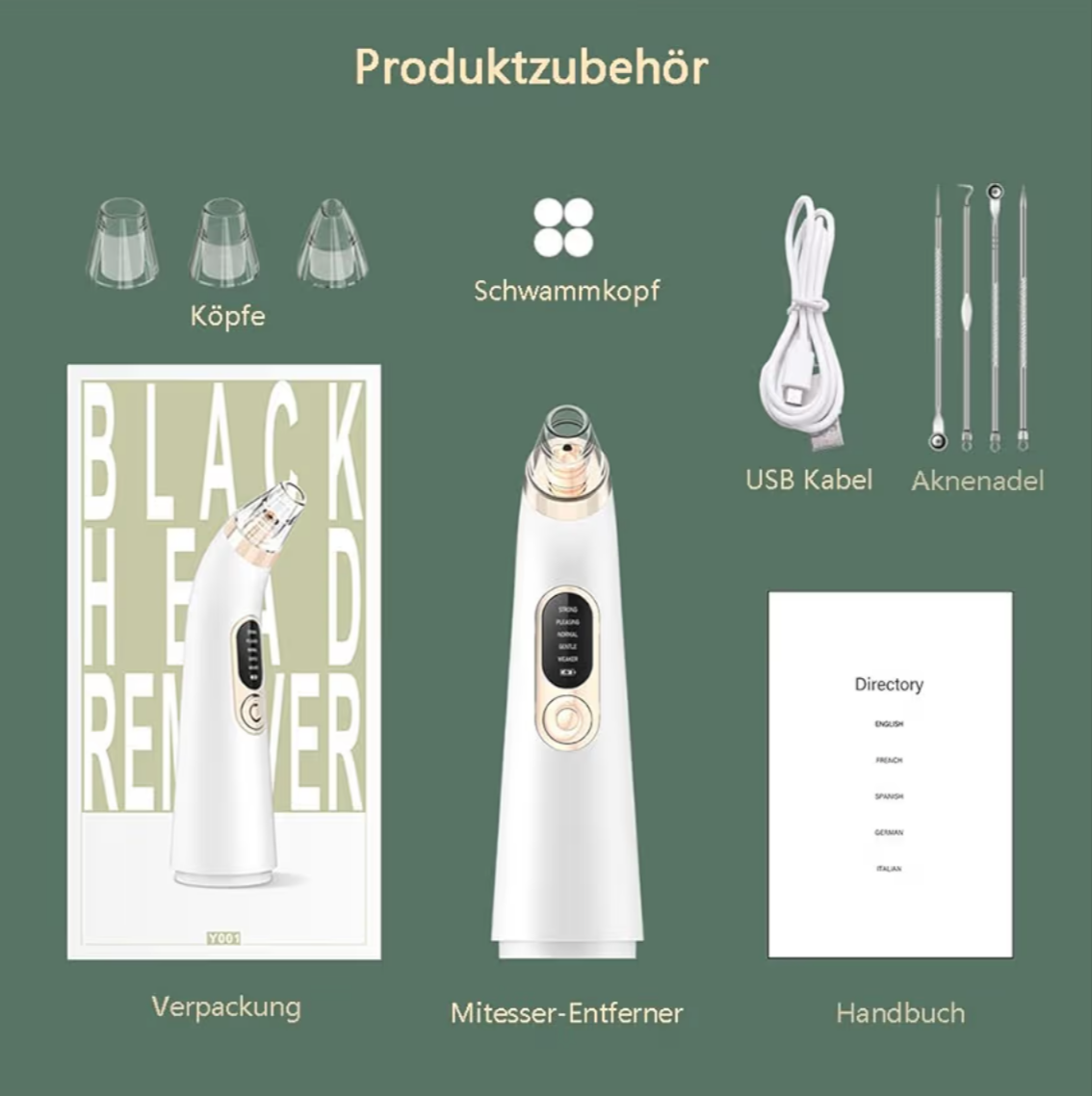 Limpador de poros e pontos pretos, limpador de poros, haste de alta frequência com 4 cabeças de sucção intercambiáveis, eficaz para uma limpeza profunda do rosto