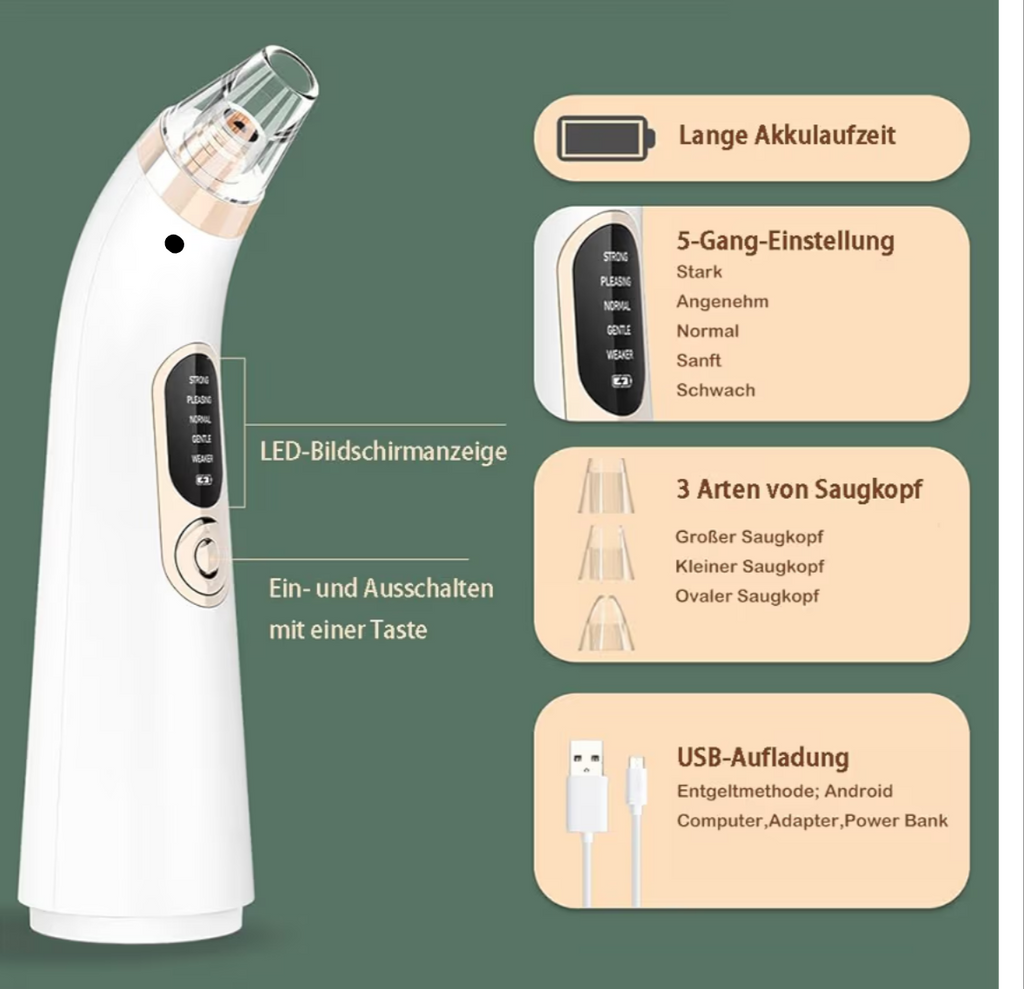Limpador de poros e pontos pretos, limpador de poros, haste de alta frequência com 4 cabeças de sucção intercambiáveis, eficaz para uma limpeza profunda do rosto